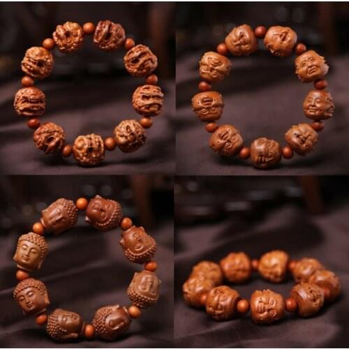 Four Face Buddha&Pi Xiu Yao Foo Dog Lion Chinese Wood Carving Sculpture Bracelet Hand Strings