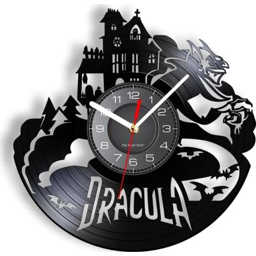 Halloween Draculas Castle Laser Etched Vinyl Wall Clock Gothic Vampire Bats Vintage Led Light Vinyl Record Watch Night Lamp