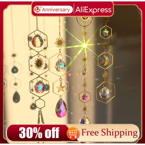 Crystal Wind Chime Amber Star Moon Sun Pendant Dream Catcher Rainbow Maker Hanging Drop For Outdoor Windchimes Garden Supplies