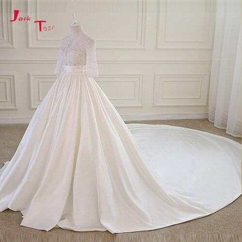Jark Tozr Half Sleeve Pearls Up Pleat Waist Beading Lace Satin Chapel Train Gorgeous Wedding Dresses Matrimonio