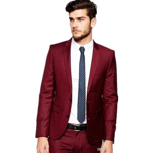 New 2 Piece Mens Suits Slim Fit Formal Business Coat Pants Wine Red Wedding Groom Tuxedos Casual Two Button terno masculino
