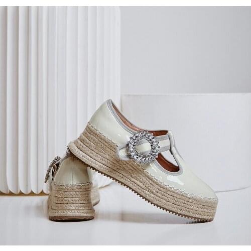 Mezereon Genuine Patent Leather Women Loafers Luxury Crystals Espadrilles Med Heel Platform Casual Shoes Slip On Creepers