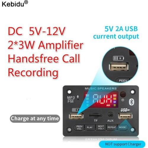 Handsfree 12V MP3 Decoder Board Big Color Screen 6W Amplifier Wireless Bluetooth5.0 Audio Module USB TF Radio with charging port
