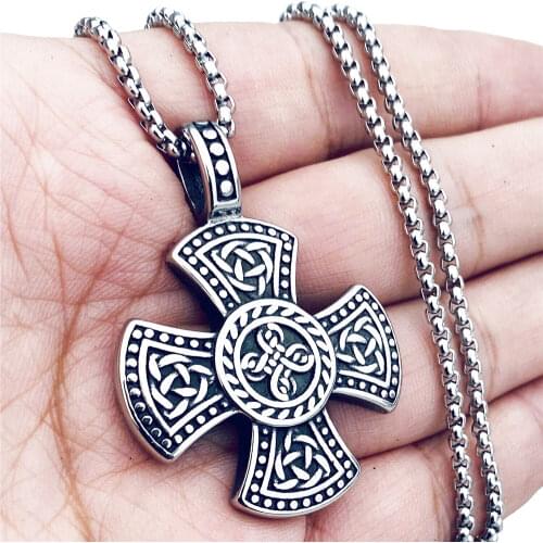 Mens Stainless Steel Celtic Trinity Knot Triquetra Cross Pendant Necklace