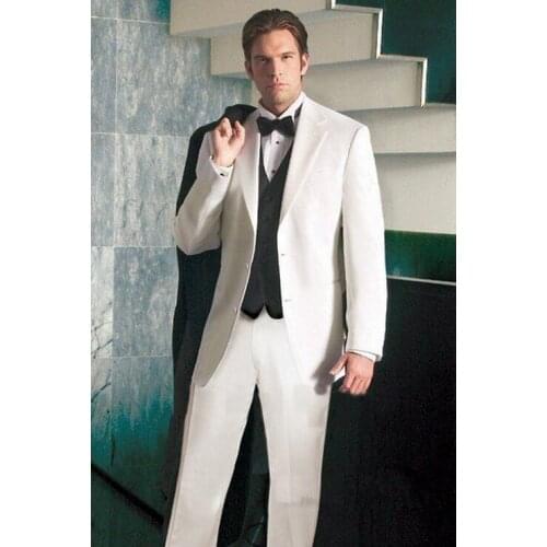 Custom Made Best Selling Popular White Groom Men Suit With Black Vest,Bespoke White Tuxedo,Tailored 2 Button Peak Lapel Men Suit
