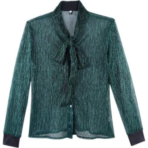 Neatie kiddie Sexy See-through Bow Tie Elegant Blouse Women Shirt Long Sleeve Summer New Fashion Blusas Female