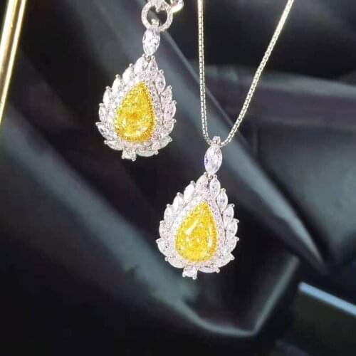 New Fashion Water Drop Jewelry Sets Inlay Yellow Crystal Zircon Luxury Wedding Rings Charm Women Unusual Stud Earrings Necklace