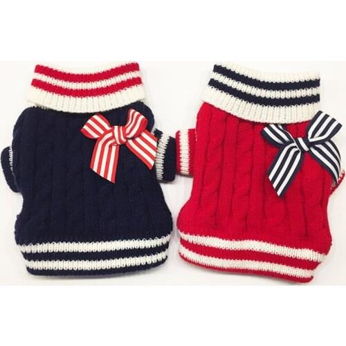 Pet Clothes Dog Sweater Coat Navy Clothing Striped Bowknot Soft Warm Autumn Winter Clothing For Cat Kitten Puppy New Pet Product