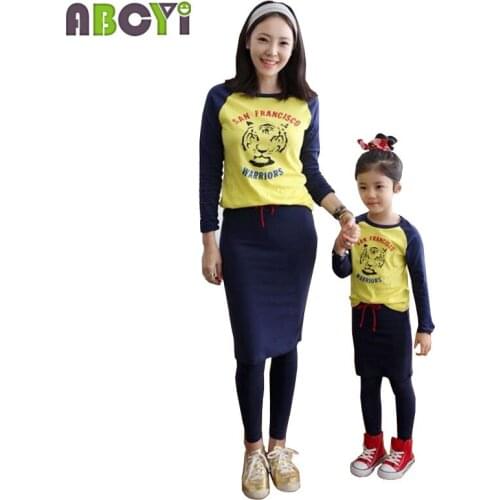Matching Mother Daughter Clothes Spring 2015 Tiger T-shirt Long Sleeve Top + Skirt-pant Legging Autumn Family Clothing 2pcs Set