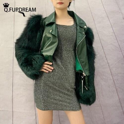 Q.FURDREAM 2020 Fashion Fox Fur Jacket With Genuine Sheepskin Leather Coats High Quality Winter Thick Fox Fur Women Outwear