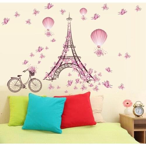 Romantic French tower butterflies flower wall stickers for kids rooms home decor pvc wall decal wedding decoration diy mural art