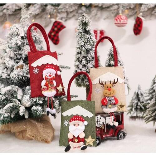 Christmas Bag Santa Claus Elk Xmas Snowman Portable Tote Linen Bag Gift Candy Bag Ornaments Kids Gift Christmas Tree Decoration