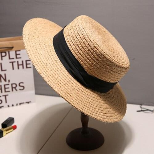 Womens Summer Hat Sun Protection Cap Female Wide Brim Flat Top Sun Hats Travel Beach Hat Straw Hat Fashion Ribbon Decoration