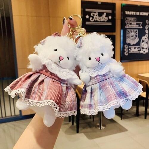 Cute Cartoon Woll Plush Doll Key Chain Creative Flower Plaid Skirt Sheep Doll Keyring for Women Girl Friends Bag Car Keyfob