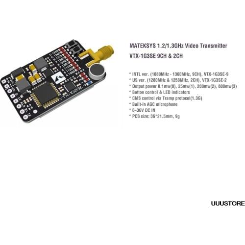 Matek System VTX-1G3SE-9 1.2G/1.3GHz 9CH INTL 0.1mW/25mW/200mW/800mW FPV Transmitter For racing drone Goggles instead VTX-1G3-9