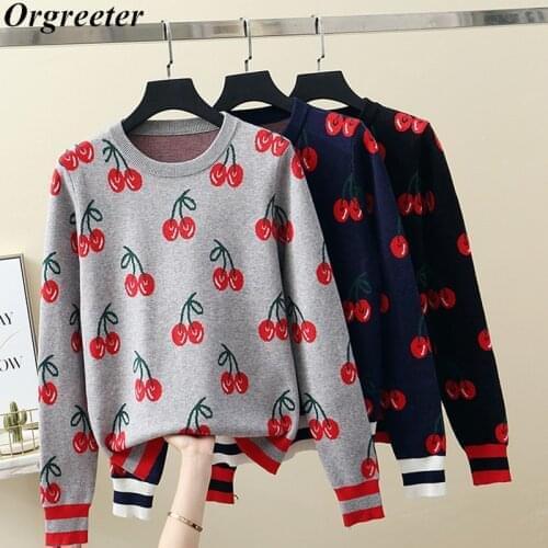 New Fashion Women Autumn and Winter Cute Cherry Jacquard Sweater Pullovers Ladies Chic Long Sleeve Jumper Knitting Tops