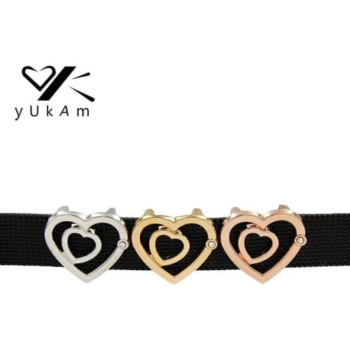 YUKAM Jewelry Rhinestone Hollow Small Double Hearts Slide Charms for Stainless Steel Mesh Keeper Bracelet DIY Accessories Making