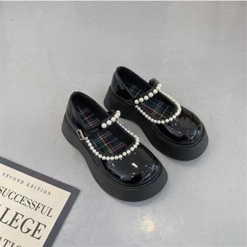 Platform Mid Heel 4cm Muffin Womens Thick Soled Retro Mary Jane Japanese Jk Uniform Gothic Punk Black Lolita Pearl Bow Pu Goth