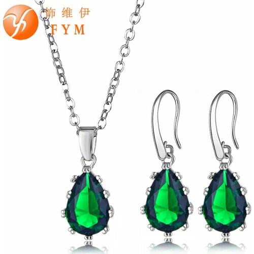 FYM Brand Green Cubic Zirconia Bridal Jewelry Sets For Women Silver Color Necklaces Earrings Multicolor Jewelry Sets FYMJS0157