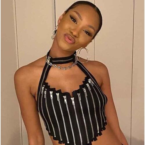 Ladies sling irregular black zipper open back adjustable strap tight-fitting sexy female back to school personality top2021