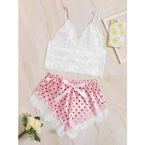 2021 Summer Womens Comfortable And Soft Lace Suspender Top White Crop Top And Pink Panty Two-Piece Pajamas Suit