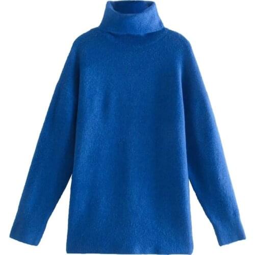 TRAF Za 2021 Blue Sweater Women Long Oversize Sweater Woman Turtleneck Pullover Long Sleeve Jumper Warm Basic Vintage Sweater