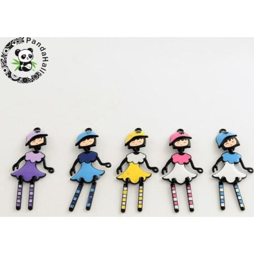 13pcs Modern Girl Zinc Alloy Enamel Big Pendants jewelry making, Nickel Free, Gunmetal, Mixed Color, 61x25x2mm, Hole: 2mm F60