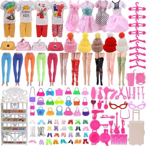 40Pcs/Set Barbies Doll Accessories=10 Clothes+10 Shoes+10 Hangers+5 Glasses+2 Necklaces+2 Earrings+1Handbag Barbies