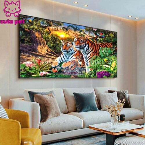 Animal tiger family DIY diamond painting Sunset jungle flowers birds Gift full Square Round Diamond Mosaic Embroidery puzzle