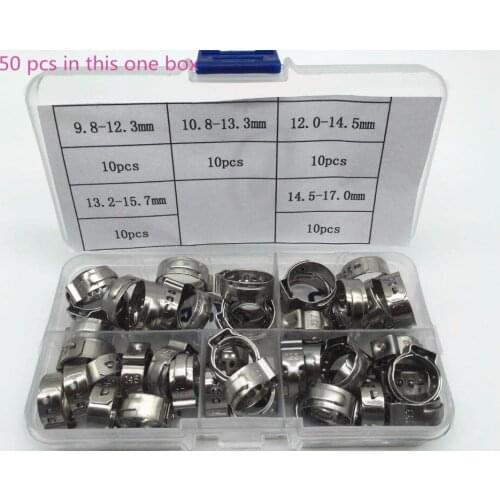 Free shipping Pipe Clamp High Quality 50 PCS Stainless Steel 304 Single Ear Hose Clamps Assortment Kit Single with box