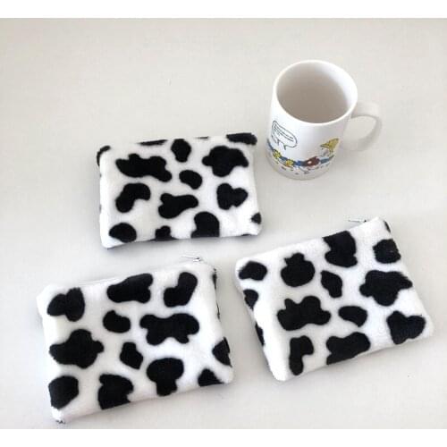 INS Cute Cow Plush Coin Purses Mini Women Wallet Storage Bag Card Holder Fluffy Bag Coin Pouch Birthday Gift for Kids Girl