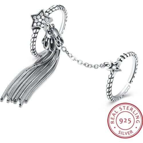 LEKANI Real 925 Sterling Silver Meteor And Romantic tassel Double Star Rings For Women Luxury Vintage Fine Jewelry