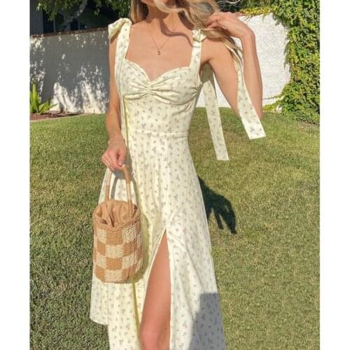 Summer Floral Printed Long Dress Women Sleeveless Spaghetti Straps Bandage Bodycon Dresses Corset Split Sexy Party Midi Dress