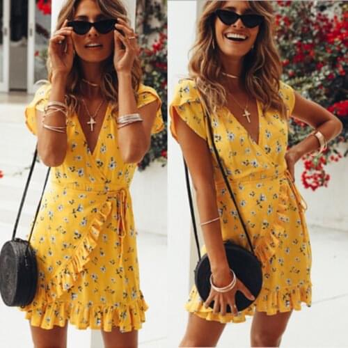 Summer Vintage Women Mini Dress Yellow Floral Wrap Deep V-neck Short Sleeve Beach Dresses Ruffles Party Short Sundress