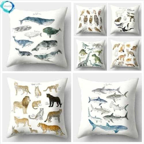 Animal Whale Dinosaur Owl Lion Tiger Cheetah Print Pillow Case Room Square Polyester Decorative Cushion Cover 45X45CM