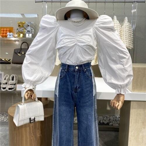 New Brand Original Design Square Neck Pleated Bubble Long Sleeve Shirt Gentle Goddess Fan Xian Thin Wood Ear Foreign Style Top