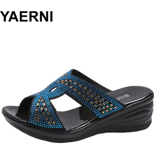 YAERNI Platform Slipper Woman High Heels Wedges Shoes Crystal Thick Sole Slippers High Heels Fish Mouth Mother Slipper Zapatos