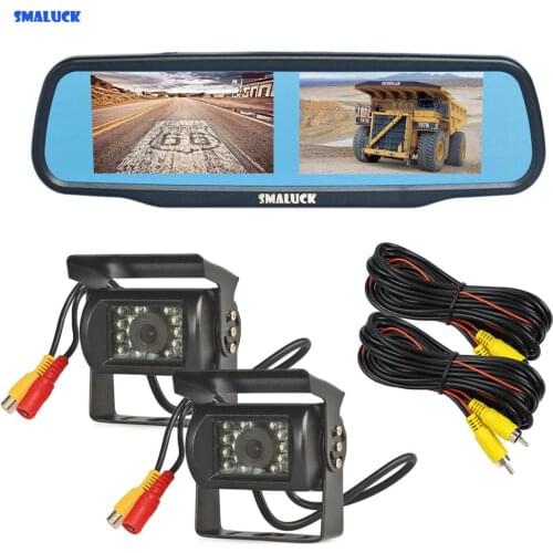 SMALUCK Dual 4.3" Screen Display Rear View Car Mirror Monitor + IR CCD Waterproof Car Rear View Backup Car Truck Bus Camera