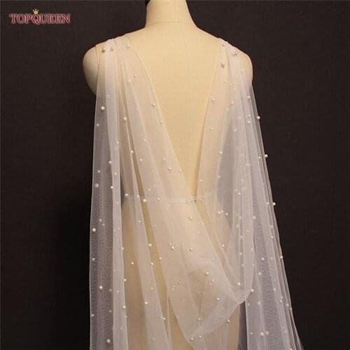 TOPQUEEN G41 Bridal Cape Veil with Pearls Bridal Shawl Bolero Capes for Dress Veil Bride Tulle Summer Bridal Cape