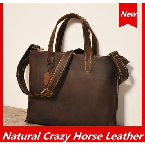Vintage Handmade Natural Crazy Horse Leather Men Handbag