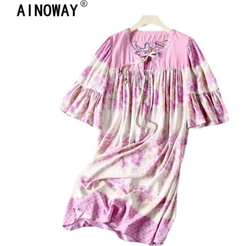 Vintage chic women lace-up pink floral print beach Bohemian loose mini dress Ladies v-neck embroidery Boho dress vestidos