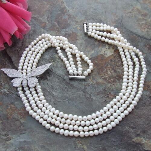 Fine jewelry 7-8mm White Round frshwater Pearl 17-20inch 4 Strands Necklace inlay zircon Butterfly