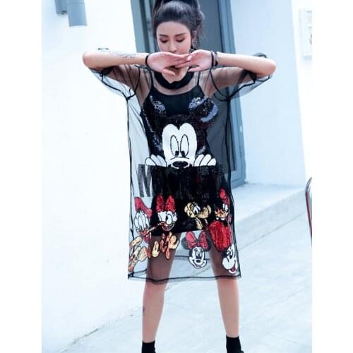 Women Two Piece Set Mesh Dress See Through T Shirt Dress Black Sequin T Shirt Dress Tshirt Dress with Sequins