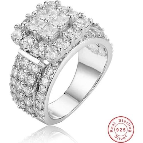 Ladys 925 Sterling silver ring Luxury pave 4pcs Princess-cut SONA Diamond Wedding jewelry for Women Simulated Platinum Girl gift