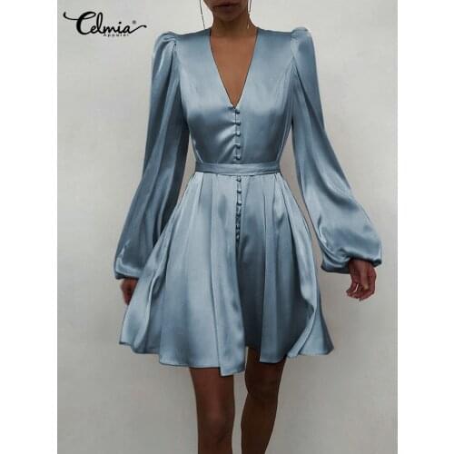 Women Satin Dress 2021 Celmia Elegant Short Mini Party Dress Long Sleeve V Neck Bandage Waist Wrap Sundress Solid Vestidos Robe