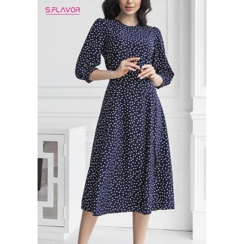 S.FLAVOR Vintage Polka Dot Midi Dress For Women Elegant O-Neck Lantern 3/4 Sleeve A-line Vestidos De Autumn Winter Working Dress