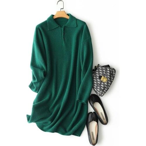2022 winter luxury cashmere wool thick sweater dress ladies fashion knee length long sleeve polo neck pullovers ribbed knit tops
