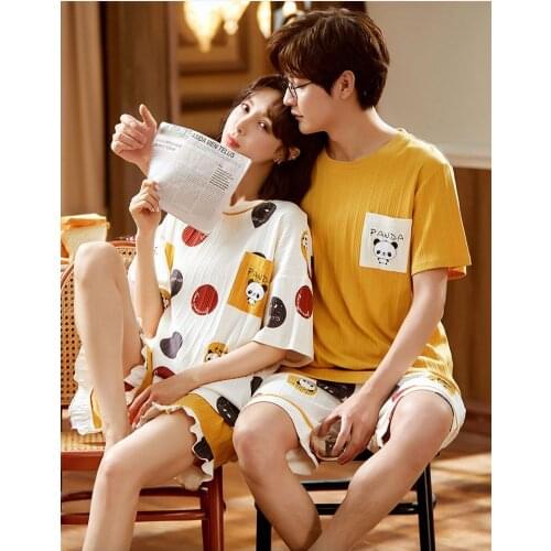 2021 Summer Pajamas Set Couple Sleepwear Cotton Cartoon Cute Shorts&Short Sleeve Tops Women Nightwear Loungewear Men Night Suits