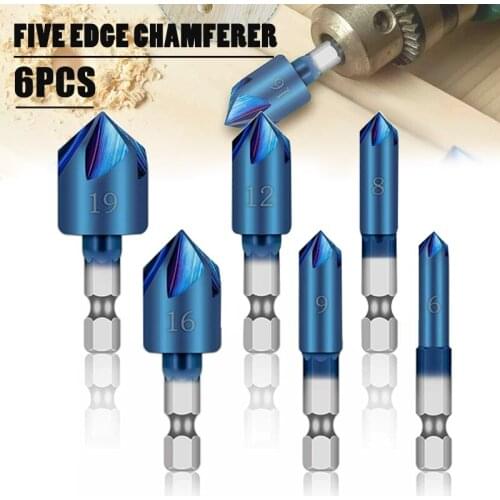 6PCS 1/4" Hex Shank Woodworking Drill Bits HSS Countersink Drill Bit 90 Degree Wood Chamfering Cutter Coated Chamfer Tool