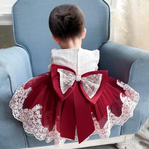 Lace Bow Pearl Christening Princess Toddler Birthday Party Ball Gown Baby Girl Summer Dress Newborn Children Baptism 1 Year